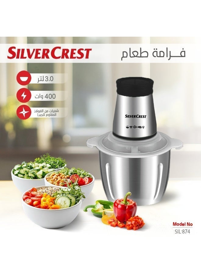 Silver Crest Electric Food Chopper 400W for Meat and Vegetable Mincing, Fast and Powerful Performance, 3L Stainless Steel Bowl with Rust-Resistant Steel Blades - Image 3